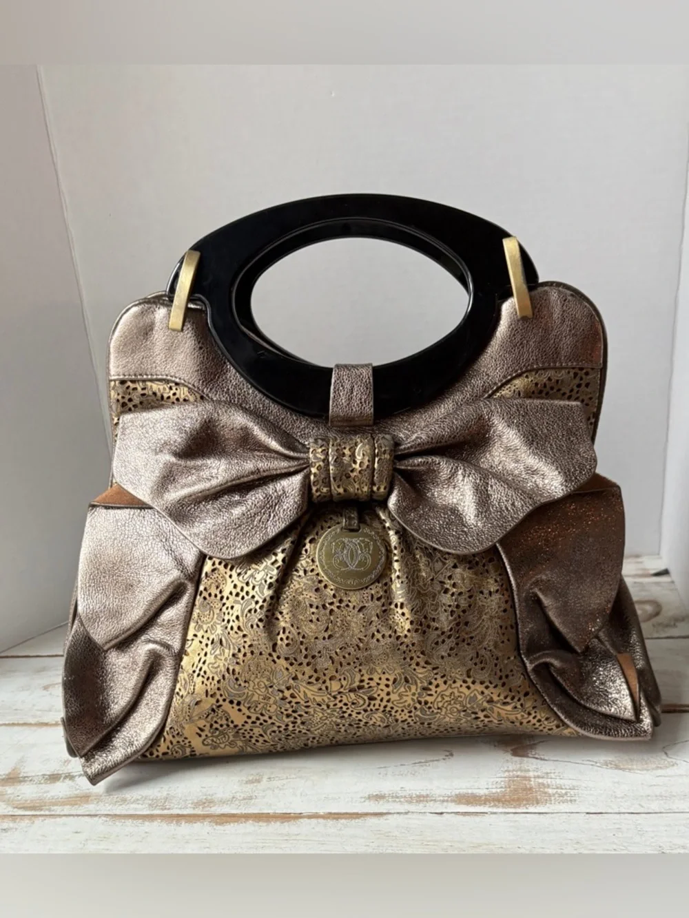 SHARIF Rare leather Bow satchel vintage style bronze copper metallic purse chic